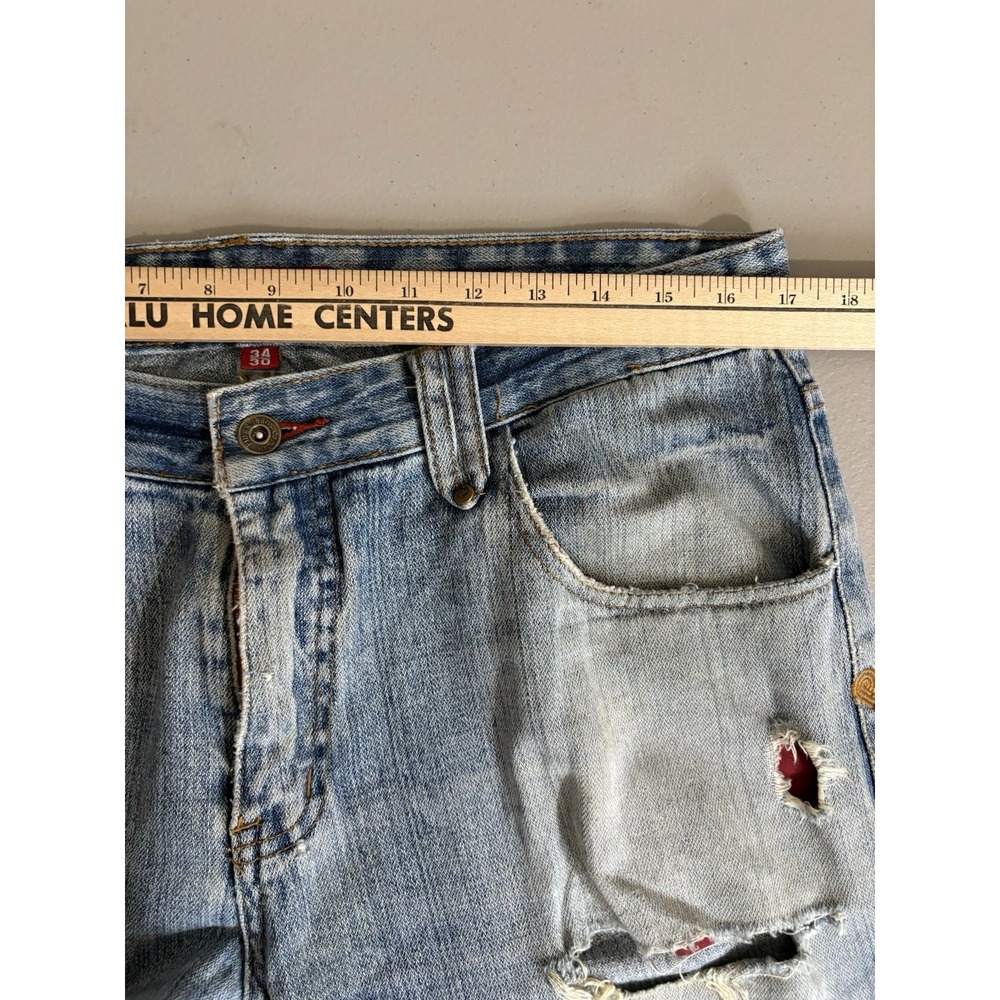 Y2K Plugg Jeans Co Mens 34x30 Bootcut Ripped Denim Jeans Medium Wash 100% Cotton - Picture 7 of 15